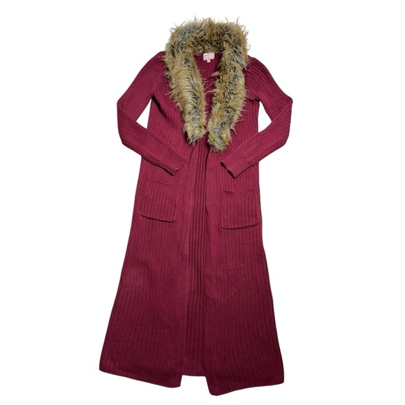 Show Me Your Mumu Wine Lombardi Long Faux Fur Knit Cardigan Womens M - Picture 2 of 10